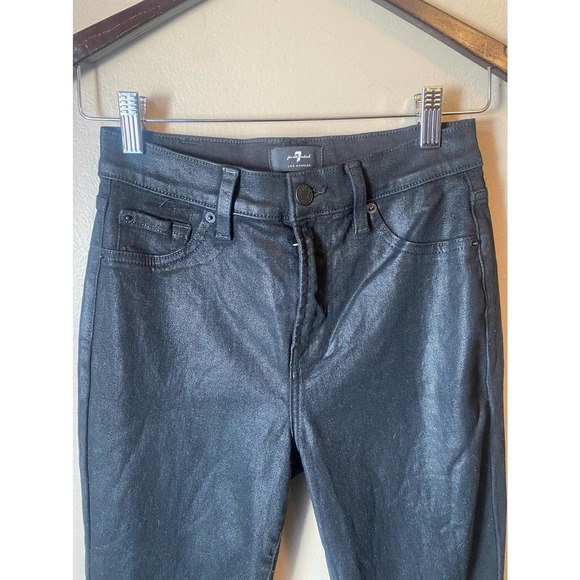 7 For All Mankind Wax Coated High Waist Slim Kick Flare Faux Leather in Black - Picture 4 of 14